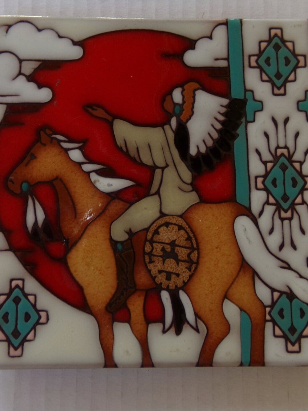 Ceramic Native American Chief Horse Ceramic Tile Trivet Southwest Decor